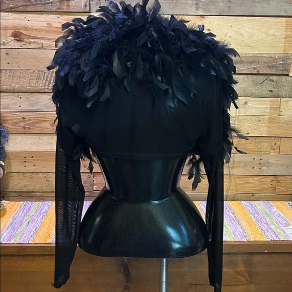 Black feathered bolero with sheer sleeves, vintage, Labelle, sz S GUC - Picture 5 of 9